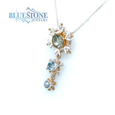 Silver and Gold Snowflake Necklace with Green Amethyst, Topaz and Pearl - 18 Inches